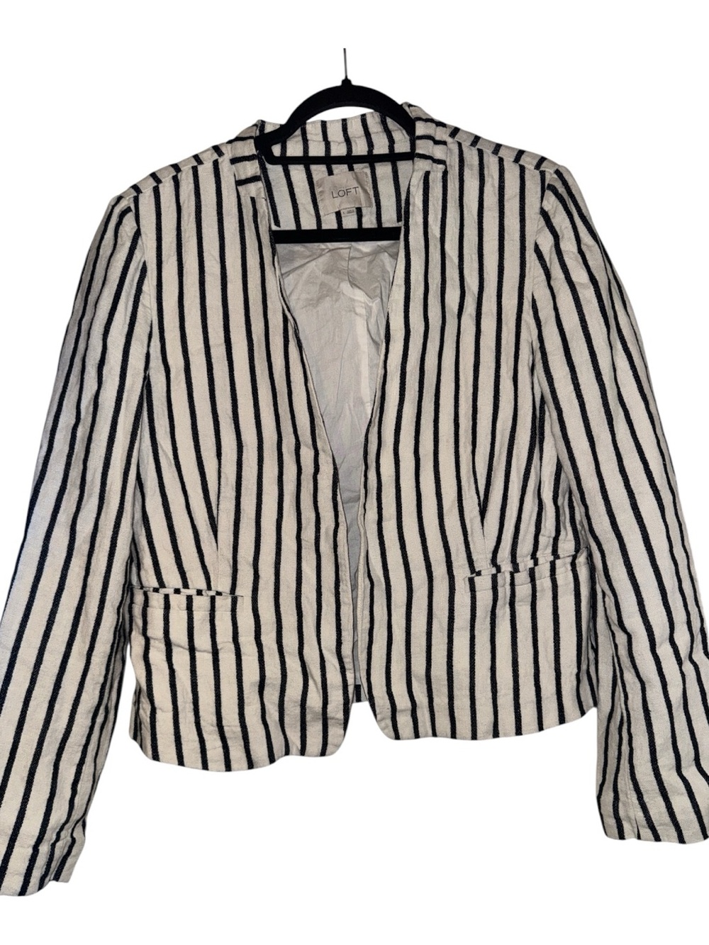 LOFT Women's White & Navy Striped Open Blazer 100% Cotton